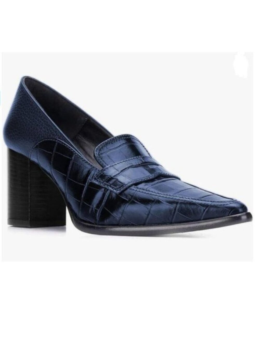 FOWT Blue Crocodile Loafers Block Heel Slip On Pumps Career and Office